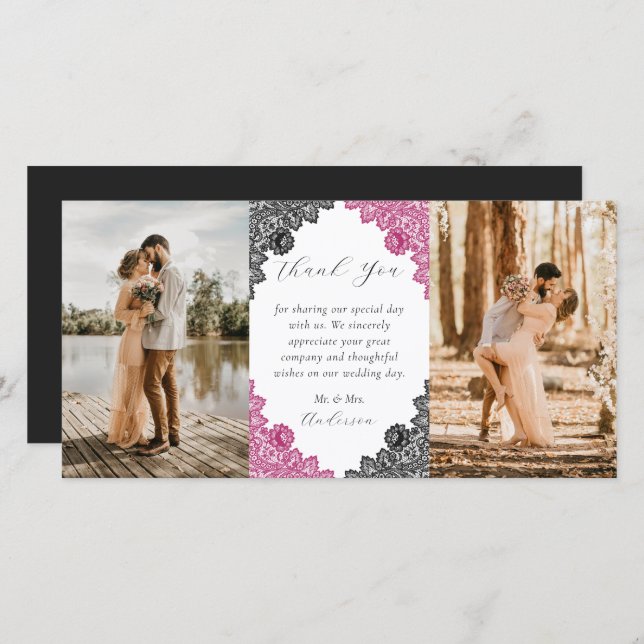 Carte De Remerciements Elegant Hot Pink and Black Floral Wedding Photo (Devant / Derrière)