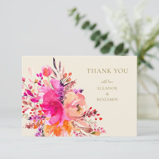 Carte De Remerciements Elegant Hot Pink Floral Custom Names Wedding Flat (Debout devant)