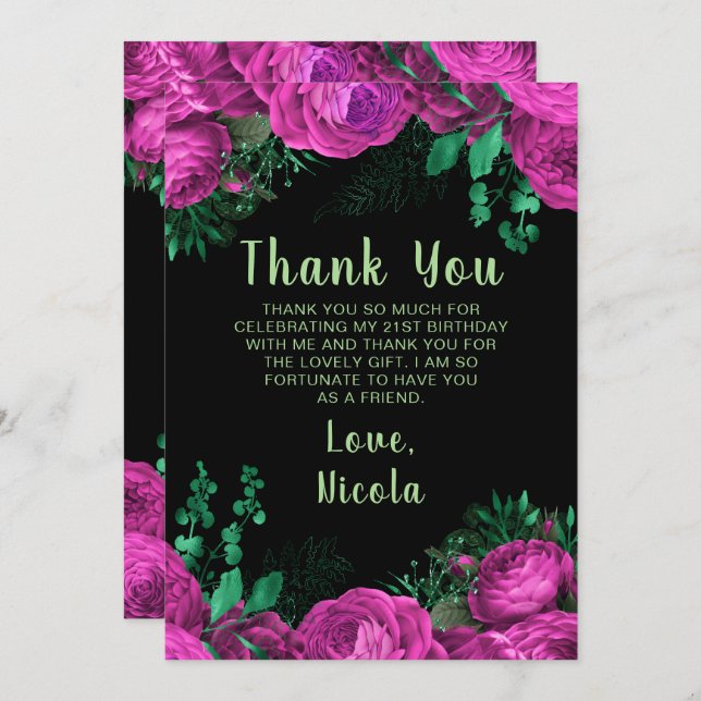 Carte De Remerciements Elegant Hot Pink Flowers Birthday Party (Devant / Derrière)