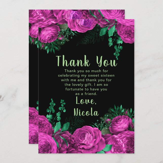 Carte De Remerciements Elegant Hot Pink Flowers Sweet Sixteen (Devant / Derrière)