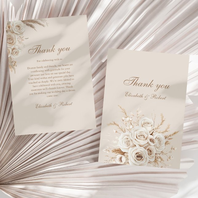 Carte De Remerciements Elegant Ivory Roses Wedding Thank You Card (Elegant Ivory Roses Wedding Thank You Card on a neutral sunny dry palm leaf.)