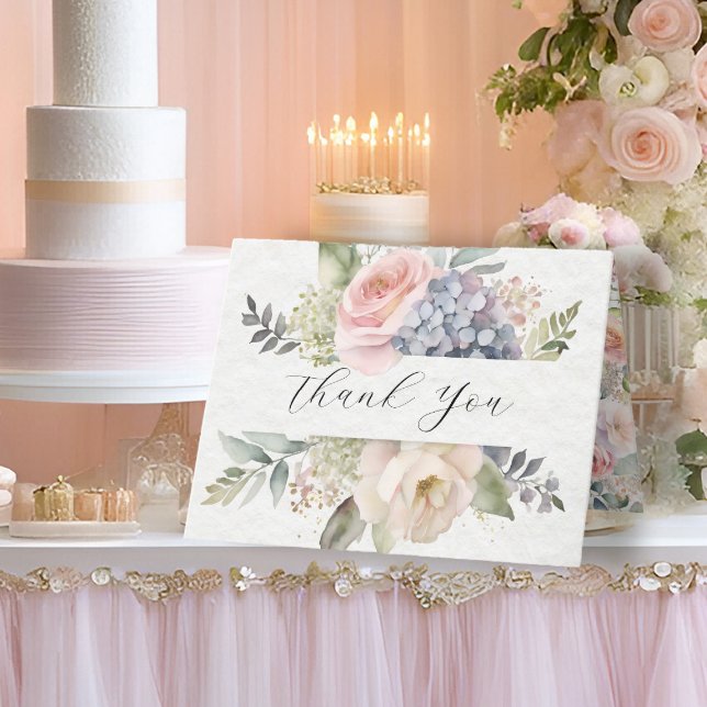 Carte De Remerciements Elégant Jardin Fleur Rose Rose Blue Hydrangeas (Créateur téléchargé)