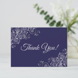 Carte De Remerciements Élégant Lacy Silver & Navy Bleu Simple Mariage