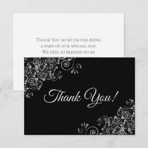 Carte De Remerciements Élégant Lacy Silver & Noir Simple Mariage