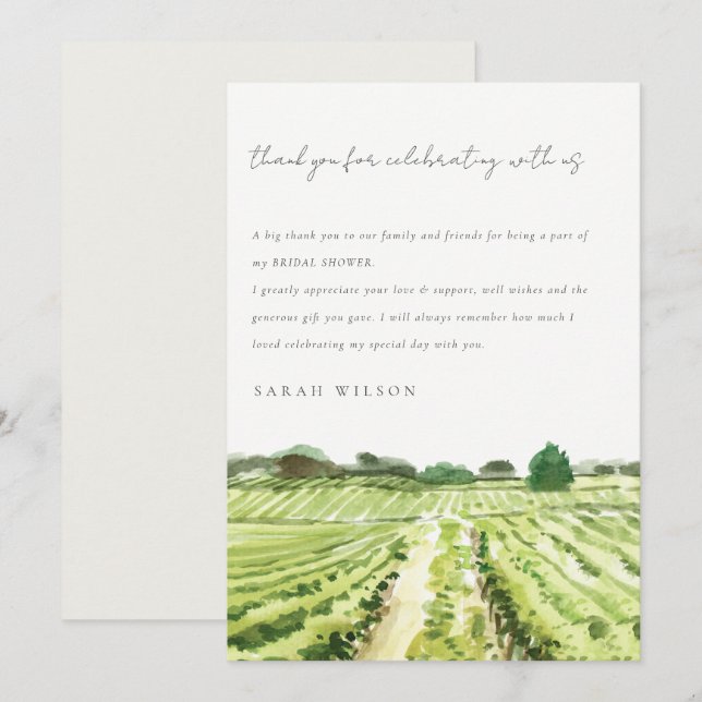 Carte De Remerciements Élégant Lavis de Couleur Fête de Mariage au Vignob (Devant / Derrière)