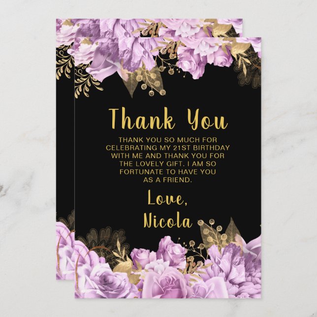 Carte De Remerciements Elegant Lilac and Gold Flowers Birthday Party (Devant / Derrière)