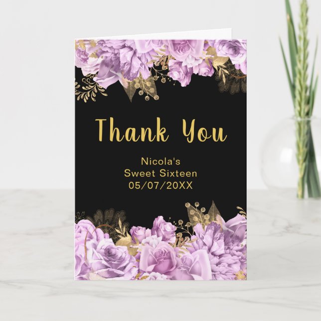 Carte De Remerciements Elegant Lilac and Gold Flowers Sweet Sixteen (Devant)