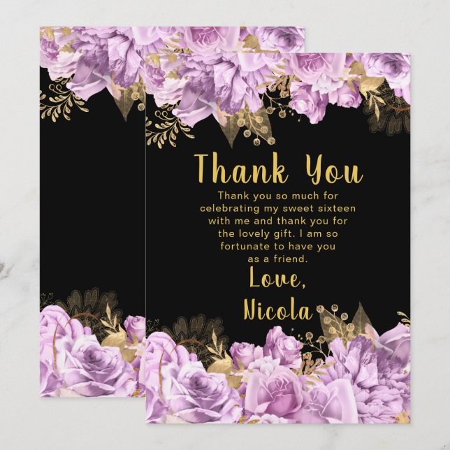 Carte De Remerciements Elegant Lilac and Gold Flowers Sweet Sixteen (Devant / Derrière)