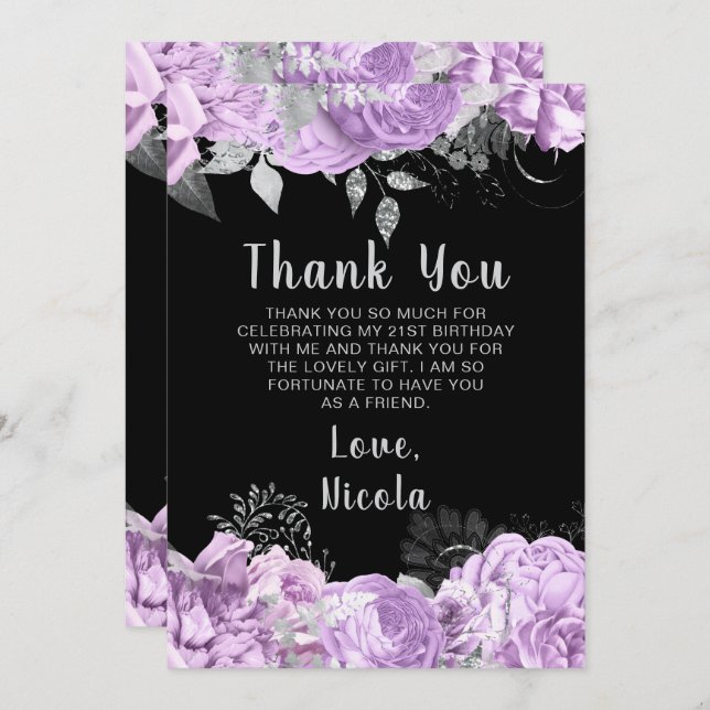 Carte De Remerciements Elegant Lilac and Silver Flowers Birthday Party (Devant / Derrière)