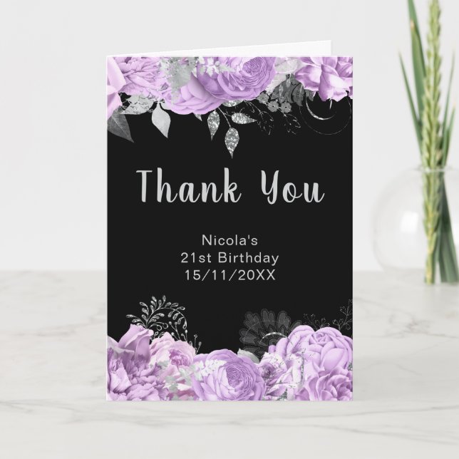 Carte De Remerciements Elegant Lilac and Silver Flowers Birthday Party (Devant)
