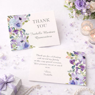 Carte De Remerciements Elégant Lilac bleu Floral Horizontal Quinceañera