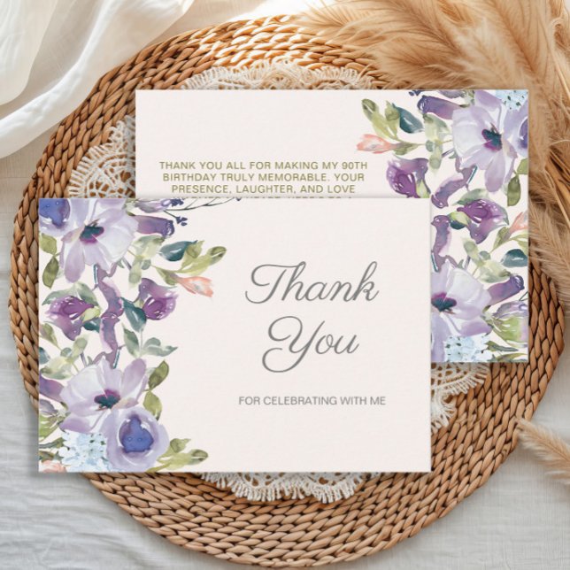 Carte De Remerciements Elégant Lilac Dusty Blue Floral Anniversaire (Purple watercolor floral women's birthday party "Thank you" card)