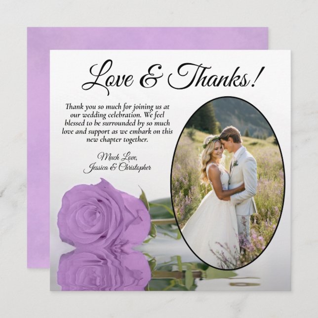Carte De Remerciements Élégant Lilac Rose violet avec Mariage photo ovale (Devant / Derrière)