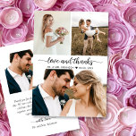 Carte De Remerciements Elegant Love and Thanks 3 Photo Collage Mariage<br><div class="desc">Moderne, élégant "Amour et Merci" Script 3 Photo Collage Mariage carte de remerciements. Élégant modèle carte de remerciements avec 3 photos sur le devant et 1 photo sur le dos. Doté d'un texte "Amour et Merci" dans une typographie tourbillonnant lettrée swash tail police script en noir sur arrière - plan...</div>