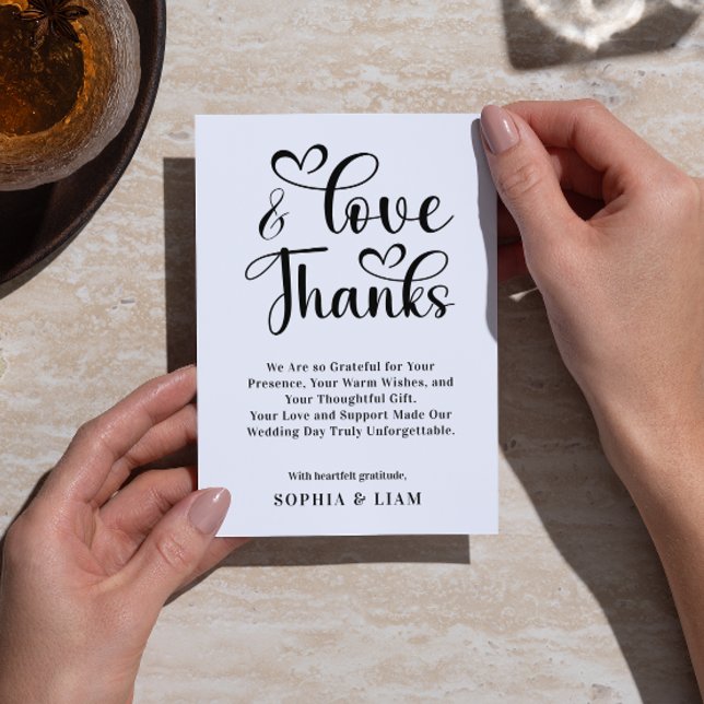 Carte De Remerciements Elegant Love and Thanks Heart Script Wedding  (Elegant Love and Thanks Heart Script Wedding Thank You Card black and white simple wedding heart )
