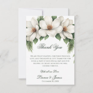 Carte De Remerciements Elégant Magnolia Blanc Mariage Hiver Pine Tree