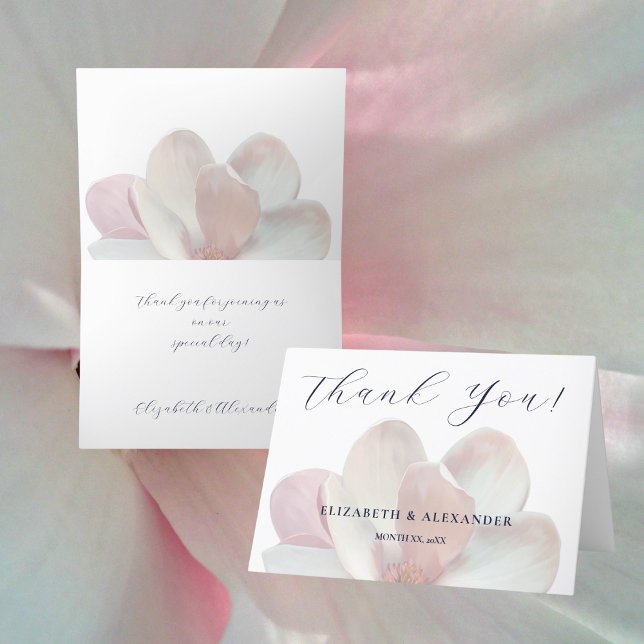 Carte De Remerciements Élégant Magnolia Mariage rose et blanc doux (Elegant Magnolia Soft Pink and White Wedding Thank You Card)