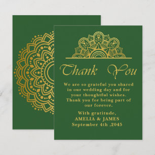Carte De Remerciements Élégant Mandala de mariage vert foncé et or