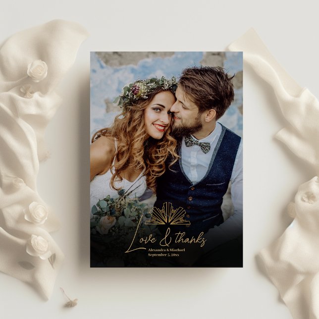 Carte De Remerciements Elégant Mariage Art déco noir et or (Créateur téléchargé)