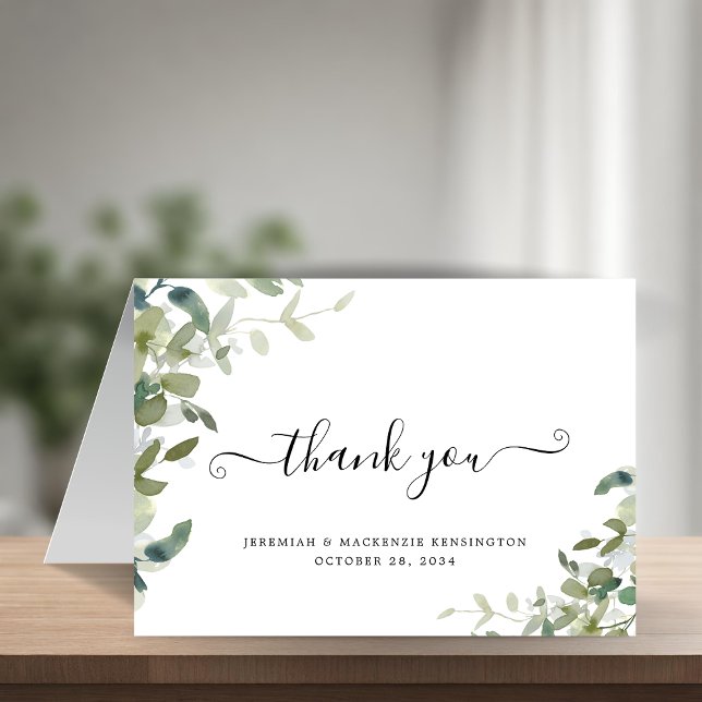 Carte De Remerciements Élégant mariage avec écriture de verdure d'eucalyp (Elegant Eucalyptus Greenery Script Wedding Thank You Card)