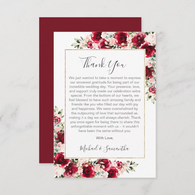 Carte De Remerciements Élégant Mariage Blush et Red Roses (Devant / Derrière)