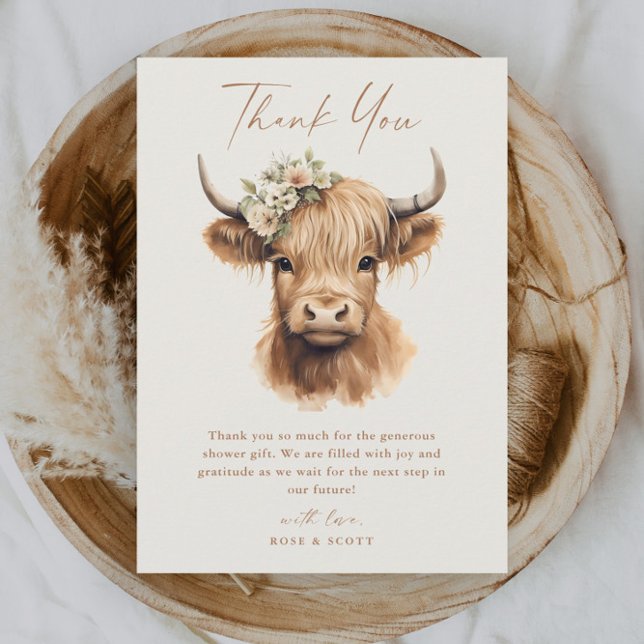 Carte De Remerciements Élégant Mariage Bohème Vache des Highlands (Elegant boho highland cow bridal shower thank you card.)
