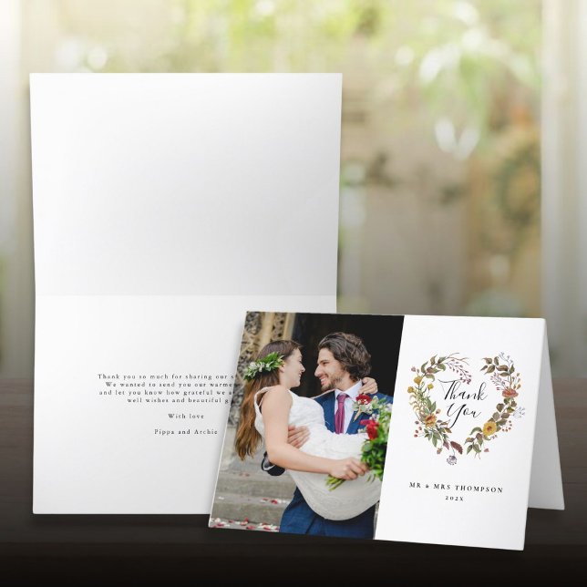 Carte De Remerciements Élégant Mariage campagnard du coeur floral (Elegant Floral Heart Country Wedding Photo Thank You Card)