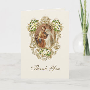 Carte De Remerciements Élégant mariage catholique floral or