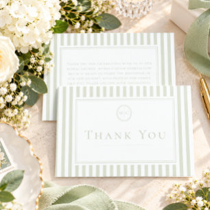 Carte De Remerciements Élégant Mariage Classique Monogramme Rayure Sage