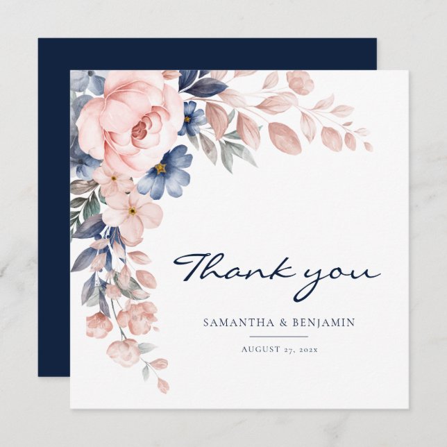 Carte De Remerciements Élégant Mariage d'aquarelle bleu rose floral (Devant / Derrière)