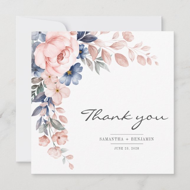 Carte De Remerciements Élégant Mariage d'aquarelle bleu rose floral (Devant)