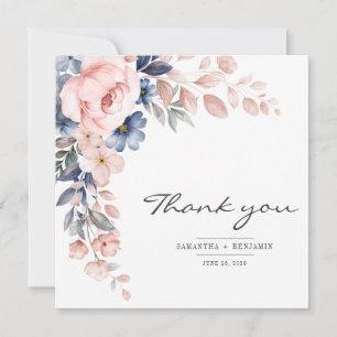 Carte De Remerciements Élégant Mariage d'aquarelle bleu rose floral