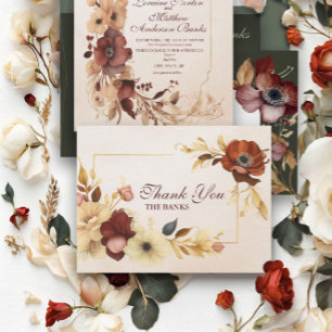 Carte De Remerciements Elégant Mariage d'aquarelle dorée bordeaux