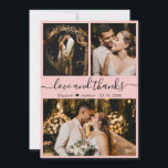 Carte De Remerciements Élégant Mariage de collection de photos Script ros<br><div class="desc">Élégant, moderne, rose doux main Lettré Mariage 3 Photo Collage Carte de remerciements. Modèle mariage élégant avec (3) trois photos sur le devant et (1) une photo sur le dos. Avec le texte "Amour et merci" script dans un tourbillonnant cursif lettré typographie swash-tail police en couleur noire sur pastel rose...</div>