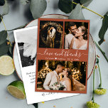 Carte De Remerciements Élégant Mariage de collection photo en terre cuite<br><div class="desc">Moderne, ivoire Élégant "Amour et Merci" Script Mariage 3 Photo Collage Carte de remerciements. Modèle mariage élégant avec (3) trois photos sur le devant et (1) une photo sur le dos. Avec le texte "Amour et merci" script dans une tourbillonnant cursive typographie lettrée sash-tail police en couleur blanche sur terre...</div>