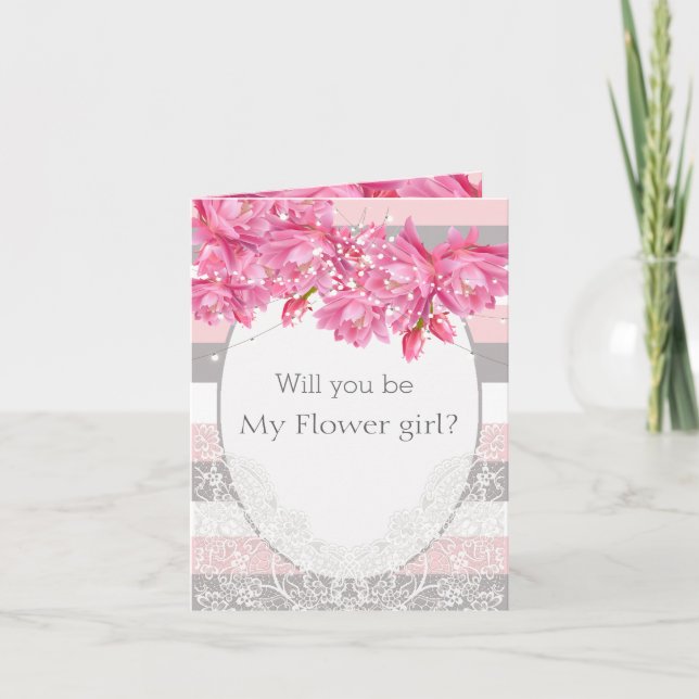 Carte De Remerciements Élégant Mariage de dentelle florale rose et gris (Devant)