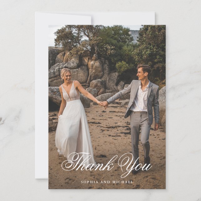 Carte De Remerciements Élégant Mariage de deux photos Script (Devant)