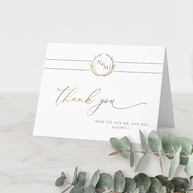 Carte De Remerciements Élégant Mariage de Monogramme Or et Blanc (Créateur téléchargé)