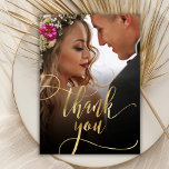 Carte De Remerciements Elegant Mariage de photo de script or<br><div class="desc">Boho Chic Gold Calligraphie moderne Script Photo Mariage Carte de remerciements. Un mariage élégant vous remercie modèle avec une photo pleine verticale sur le devant avec le texte "Merci" dans une main tourbillonnant fantaisie lettrage typographie swash tail police script faux feuille d'or superposition sur l'image. Carte recto verso avec message...</div>