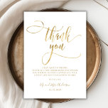 Carte De Remerciements Elegant Mariage de photo de script or<br><div class="desc">Design Chic Gold Calligraphy Script Photo Mariage Carte de remerciements. Un mariage élégant vous remercie modèle avec une photo verticale complète, "Merci" texte dans une main tourbillonnant fantaisie lettrage typographie swash police script faux feuille or. Carte recto verso avec message de remerciement préfabriqué à l'avant, et photo complète à l'envers....</div>
