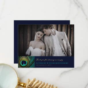 Carte De Remerciements Élégant Mariage de photo Peacock Exotique