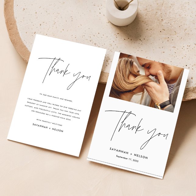 Carte De Remerciements Élégant Mariage de script avec photo (Créateur téléchargé)