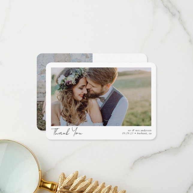 Carte De Remerciements Élégant Mariage de script chic photo (Devant/Arrière en situation)