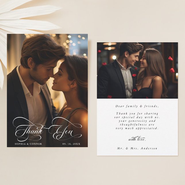 Carte De Remerciements Élégant Mariage de script classique 2 photo (Front & Back)