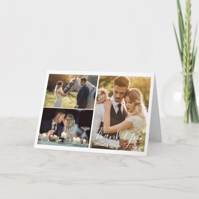 Carte De Remerciements élégant mariage de script simple 3 photos chic (Devant)