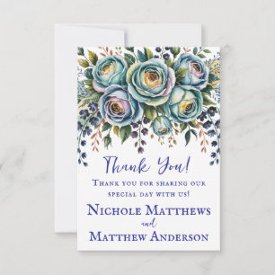 Carte De Remerciements Élégant Mariage Floral bleu turquoise
