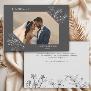 Carte De Remerciements Élégant Mariage floral gris fumée