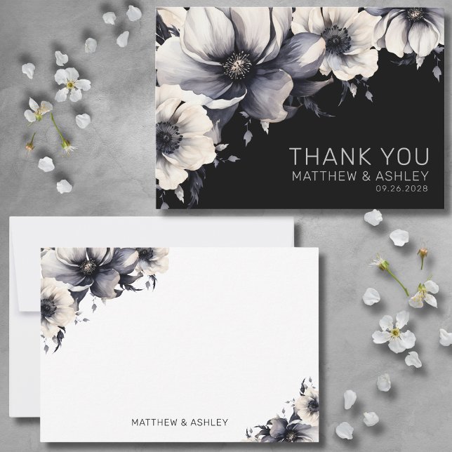 Carte De Remerciements Élégant Mariage floral moderne élégant (Stylish Modern Elegant Floral Black White Wedding Thank You Card)