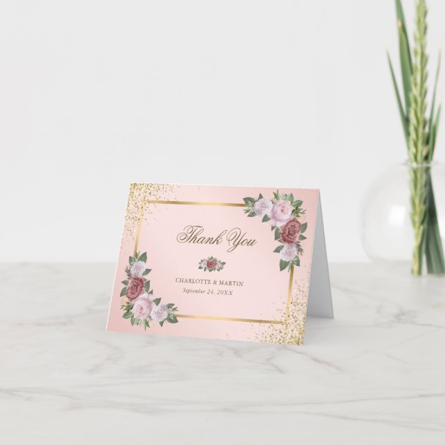 Carte De Remerciements Élégant Mariage floral rose rose rose (Devant)