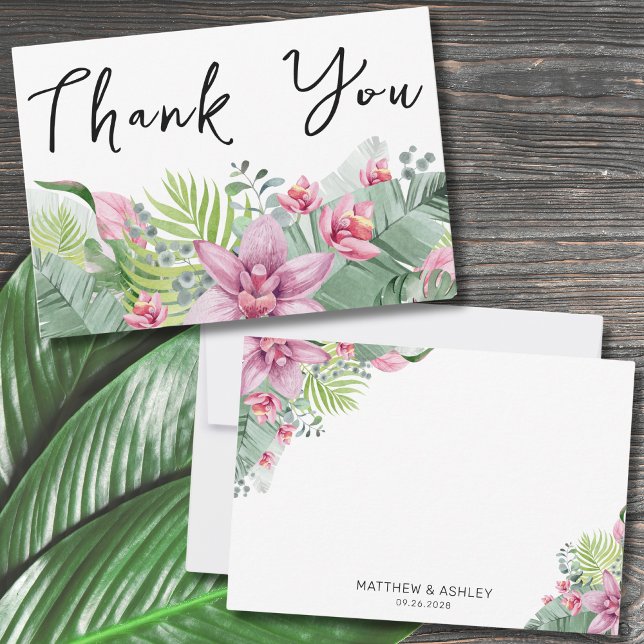 Carte De Remerciements Élégant Mariage floral tropical (Modern Elegant Palm Floral Beach Tropical Wedding Thank You Card)